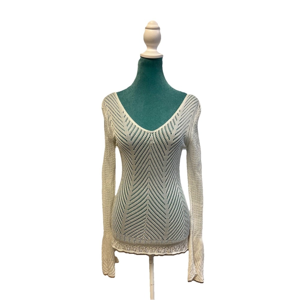 Vintage Cache White Open Knit Chevron Tunic Sweater Bell Sleeve Boho Size‎ M - Picture 2 of 5
